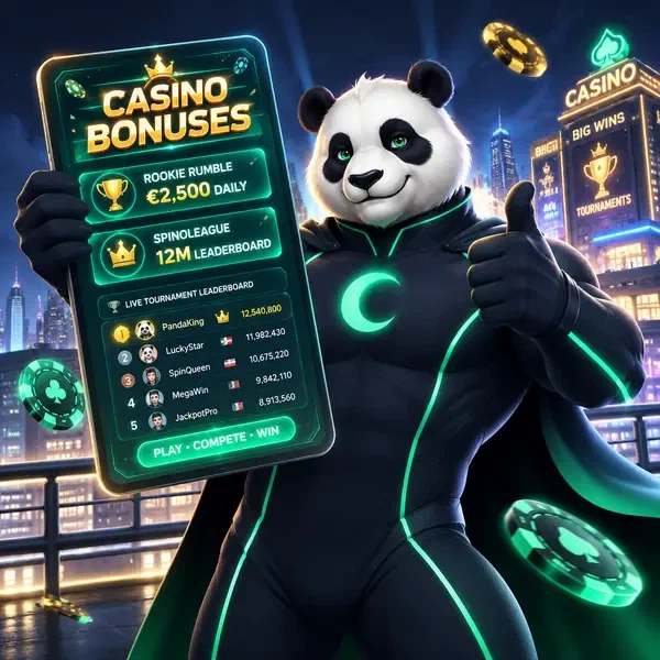 Bruno Panda monitoruje tablice wyników turniejów w konkursach bonusowych Bruno Casino